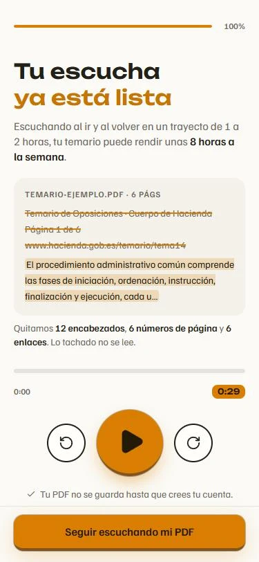 Pantalla con el resultado de tu primera escucha: lo que se quitó de tu PDF y el reproductor