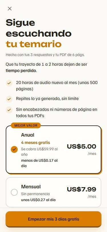 Pantalla de planes con las fechas del primer cobro y el aviso antes de cobrar